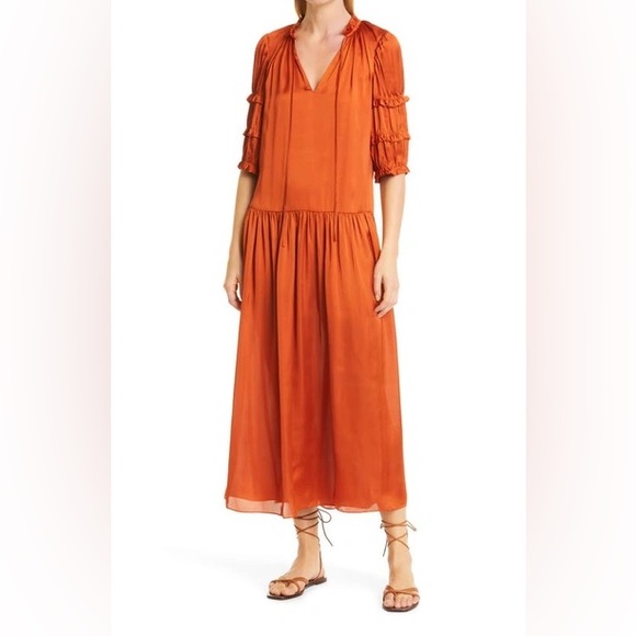 NWT Rebecca Taylor Drop Waist Satin Pleated midi Dress In Burnt Orange - Picture 1 of 9